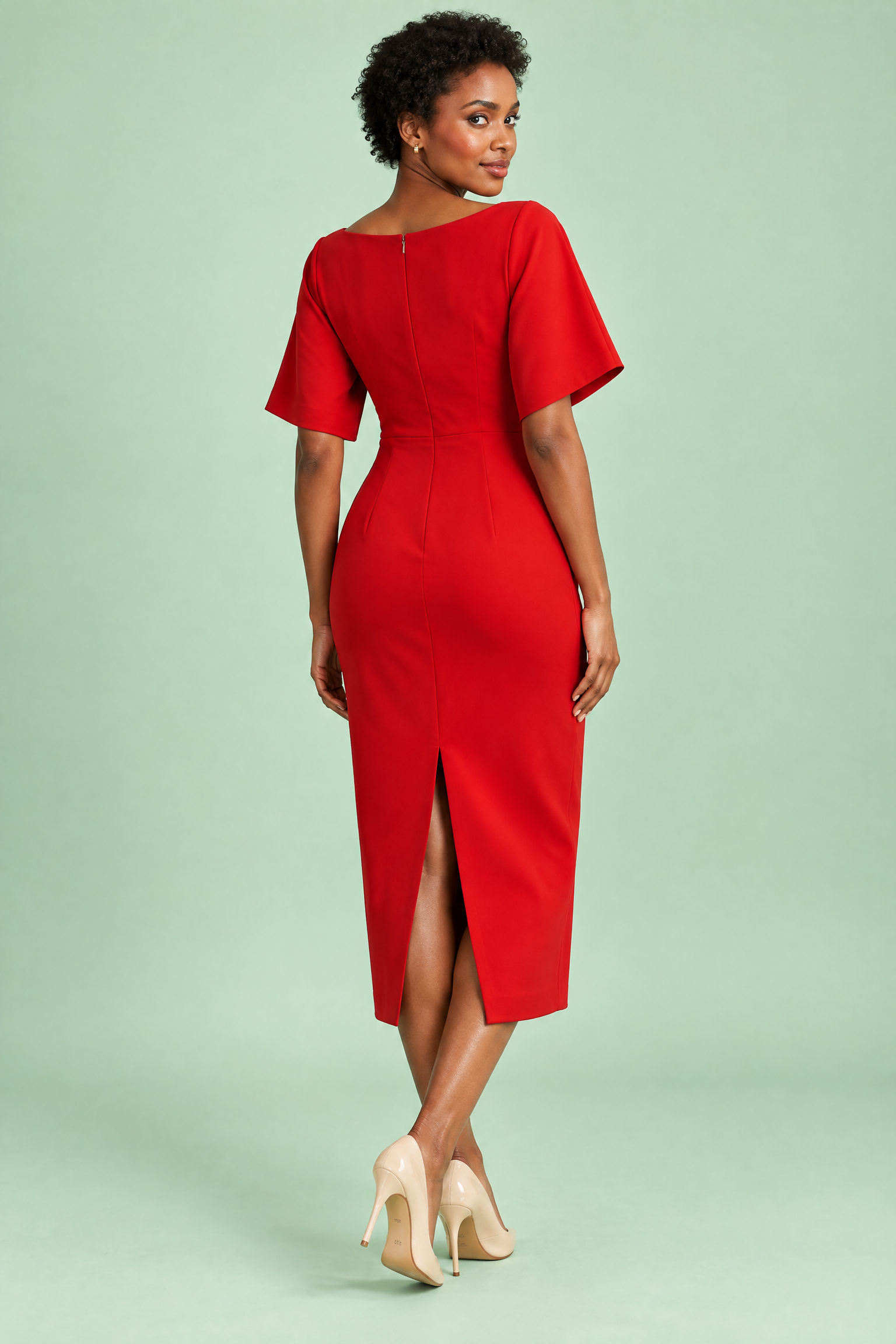 Robe midi rouge avec cape amovible | Vue de dos | Lounelle Paris