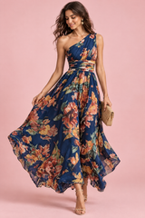 Blauwe gebloemde asymmetrische maxi-jurk