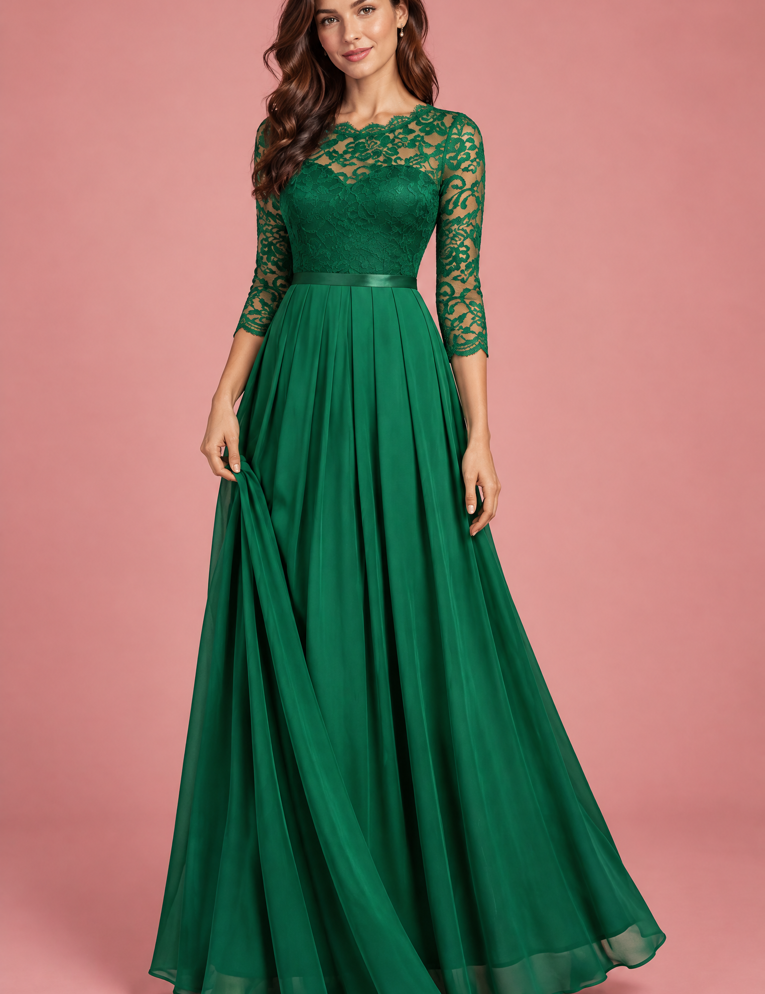 Robe longue verte à empiècement en dentelle | Vue de face | Lounelle Paris