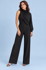Zwarte jumpsuit met hoge hals en één lange mouw
