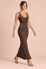 Robe longue marron à empiècements corset | Vue en mouvement | Lounelle Paris