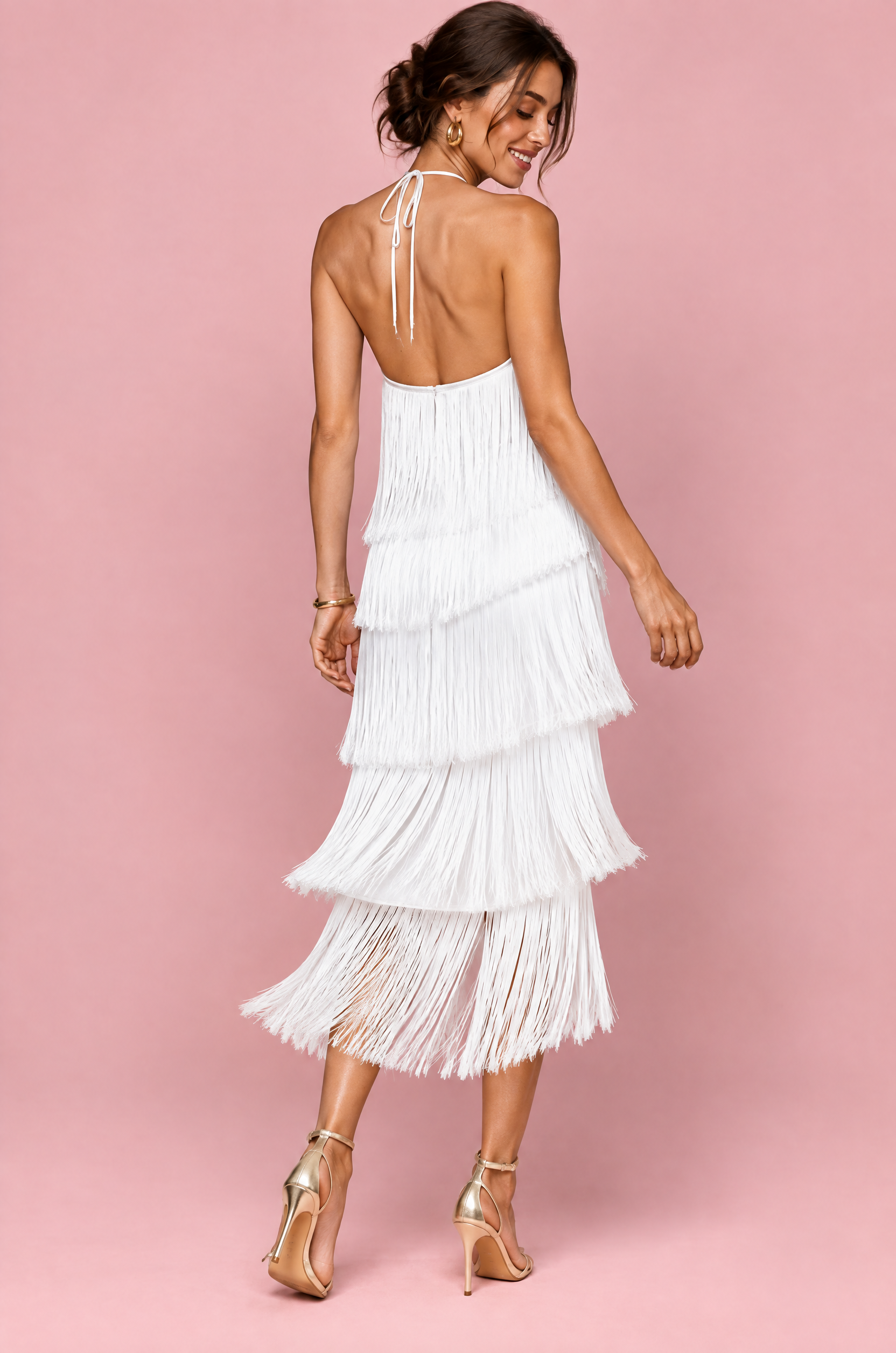 Robe longue blanche dos nu à franges superposées | Vue de dos | Lounelle Paris