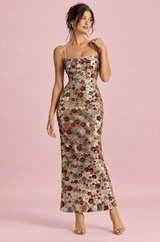 Goudkleurige mini-jurk met bloemendessin en pailletten, ronde hals