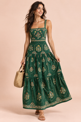 Bosgroene maxi-jurk met bloemenprint en stroken