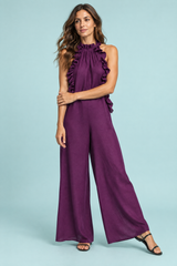 Paarse maxi-jurk met ruches en halterhals