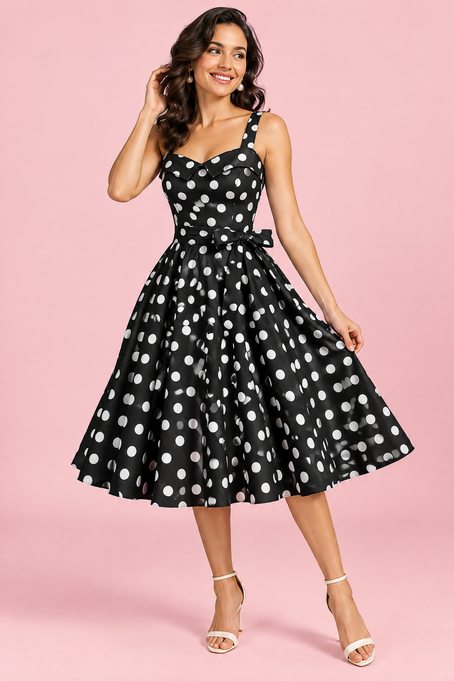 Robe midi noire à pois et encolure carrée | Vue de face | Lounelle Paris