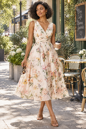 Robe midi verte à imprimé de bouquets floraux, col carré et coupe trapèze | Photo lifestyle | Lounelle Paris