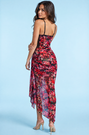 Robe longue en mesh à imprimé léopard, décolleté en V et fente haute devant — Rouge | Vue de dos | Lounelle Paris