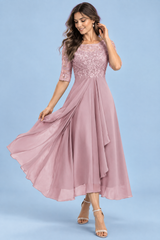 Chiffon midi-jurk met geborduurd lijfje - oudroze