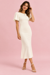 Gebroken witte midi-jurk met pofmouwen