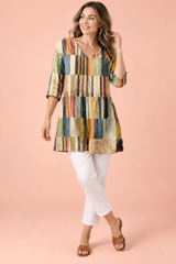 Gestreepte tuniek met V-hals - Beige