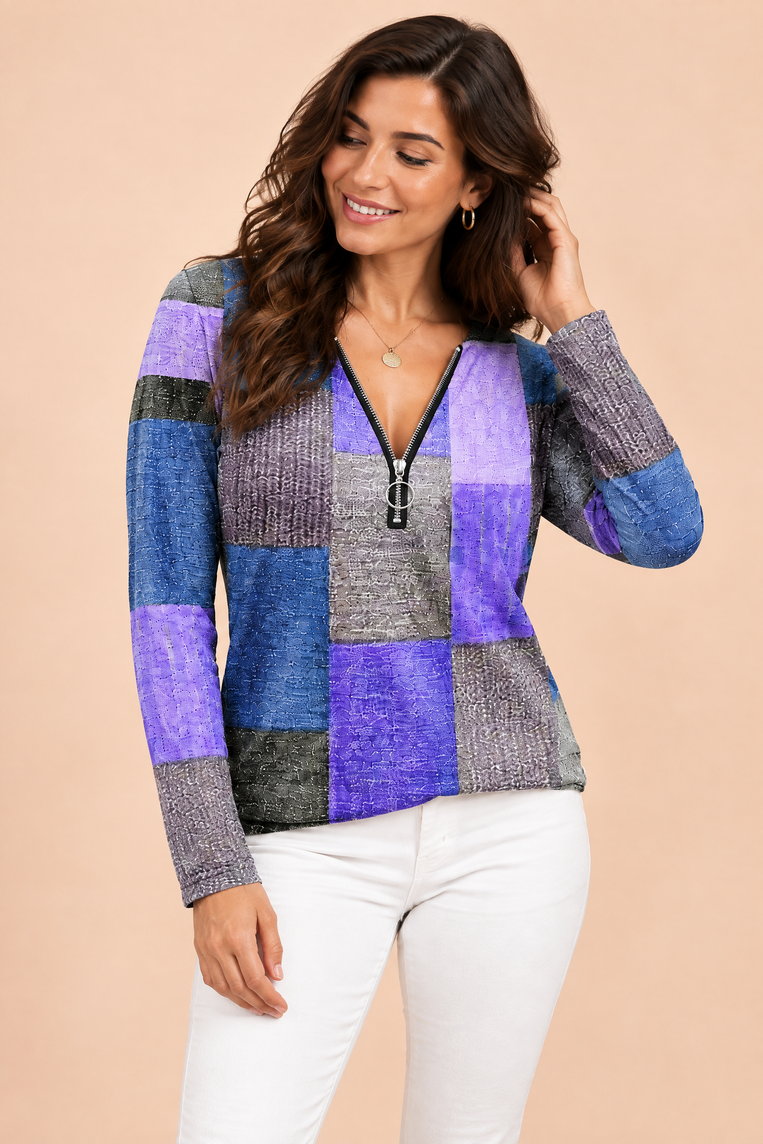 Haut violet zippé à imprimé patchwork | Vue rapprochée | Lounelle Paris