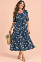 Marineblauwe A-lijn midi-jurk met bloemenprint