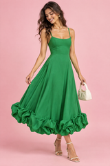 Groene fit-and-flare midi-jurk met ruches aan de zoom