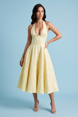 Jacquard midi-jurk met halternek – geel