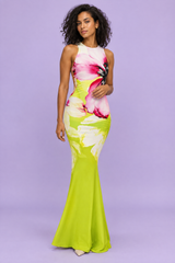 Groene maxi-jurk met klaprozenprint en uitsparingen