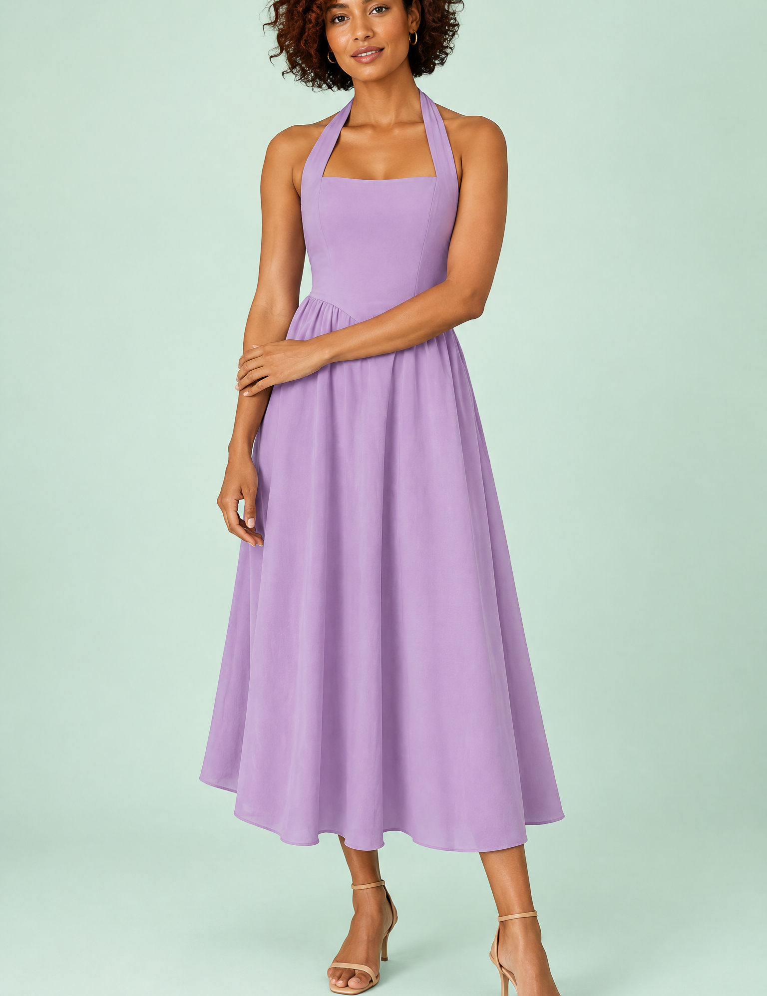 Robe midi patineuse violet clair à encolure américaine | Vue de face | Lounelle Paris