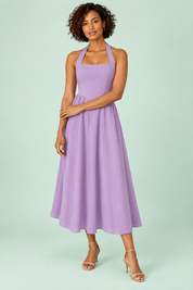 Robe midi patineuse violet clair à encolure américaine | Vue de face | Lounelle Paris