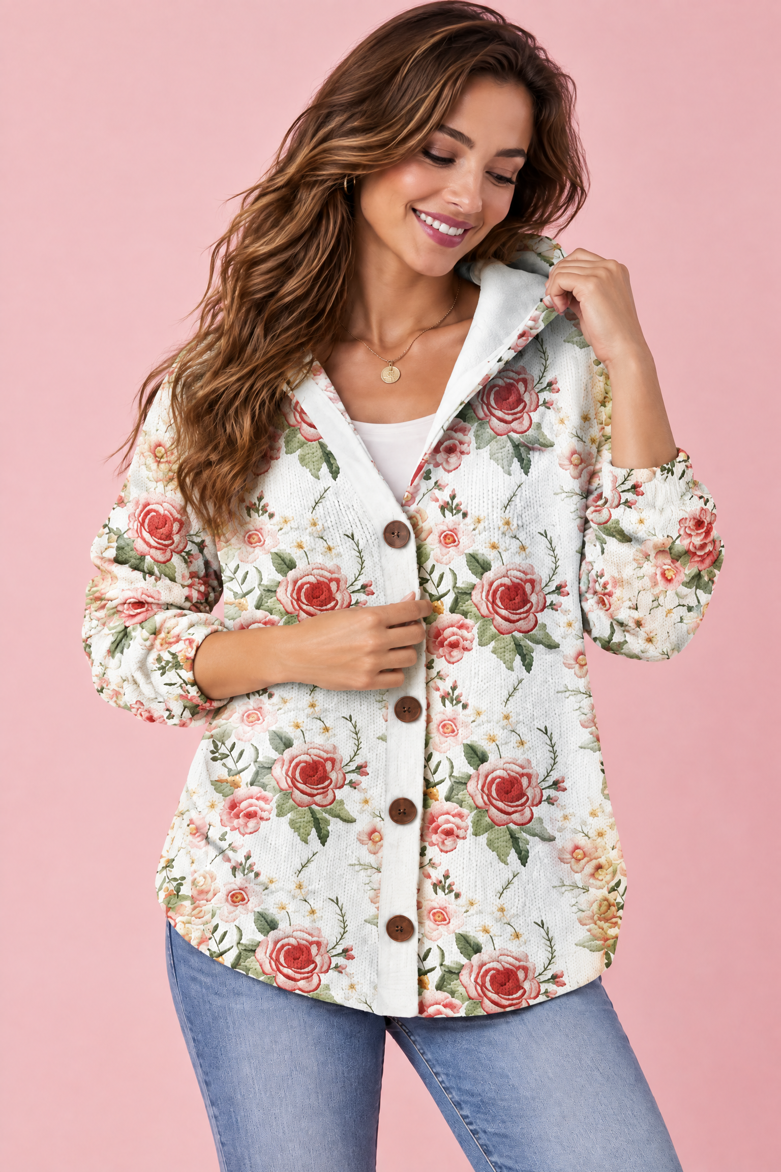 Gilet à capuche écru à fleurs | Vue rapprochée | Lounelle Paris