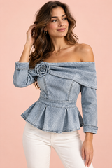 Lichtgrijze offshoulder-peplumblouse