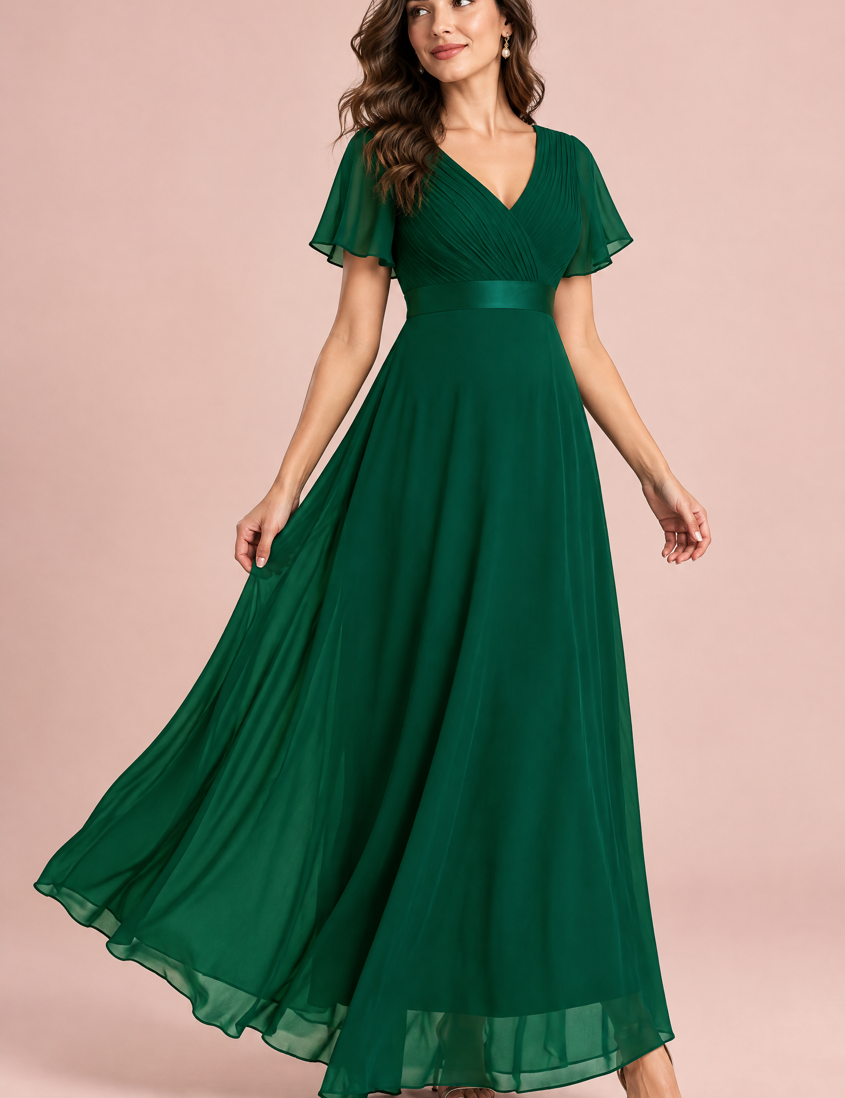 Robe longue plissée vert émeraude à col V | Vue de face | Lounelle Paris