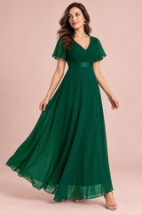 Smaragdgroene geplooide maxi-jurk met V-hals