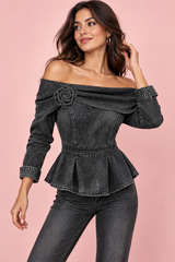 Zwarte offshoulder-peplumblouse