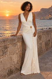 Robe longue blanche à décolleté plongeant, détails froncés et détail doré | Deuxième photo lifestyle | Lounelle Paris