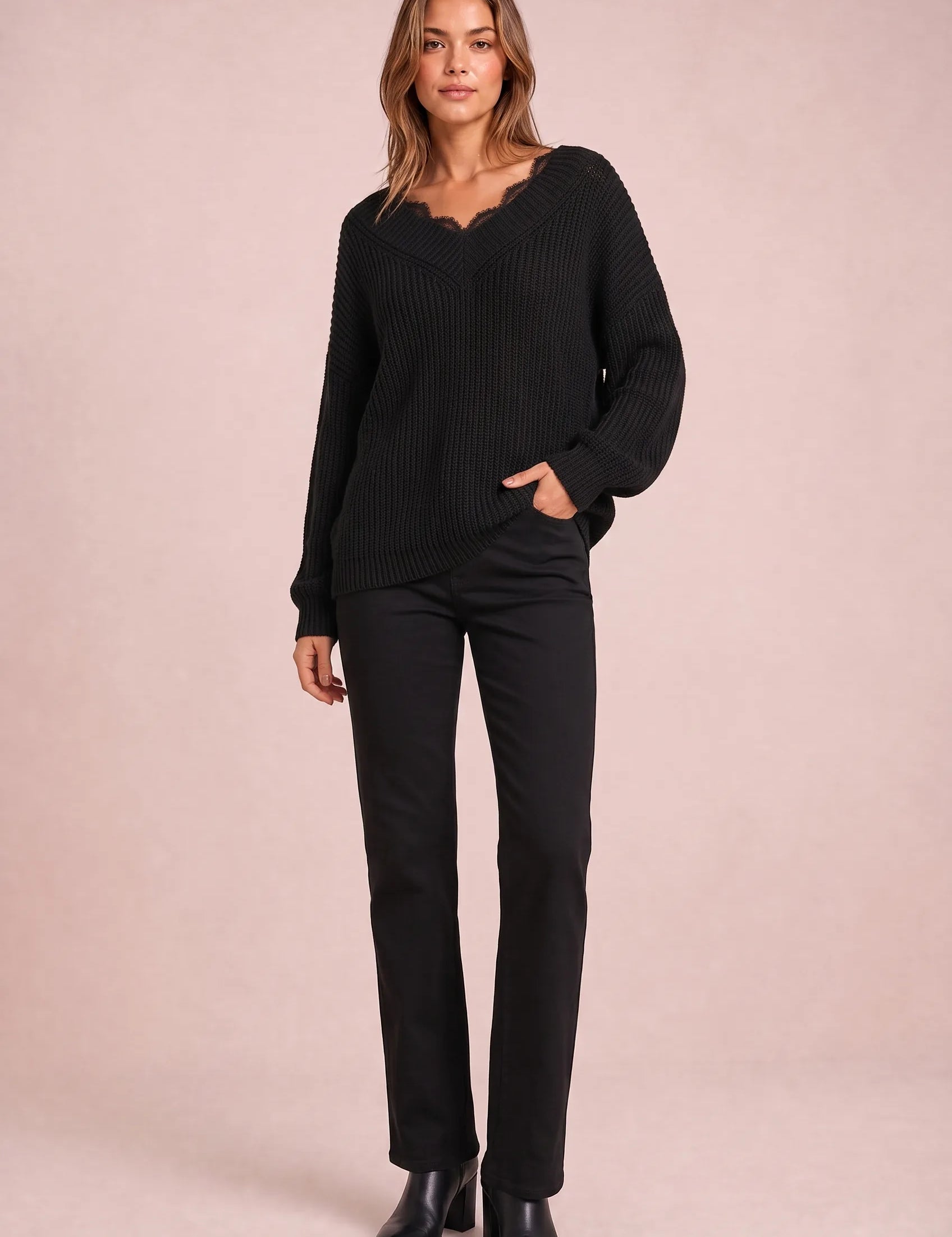 Pull col V à dentelle | Variante Noir | Lounelle Paris