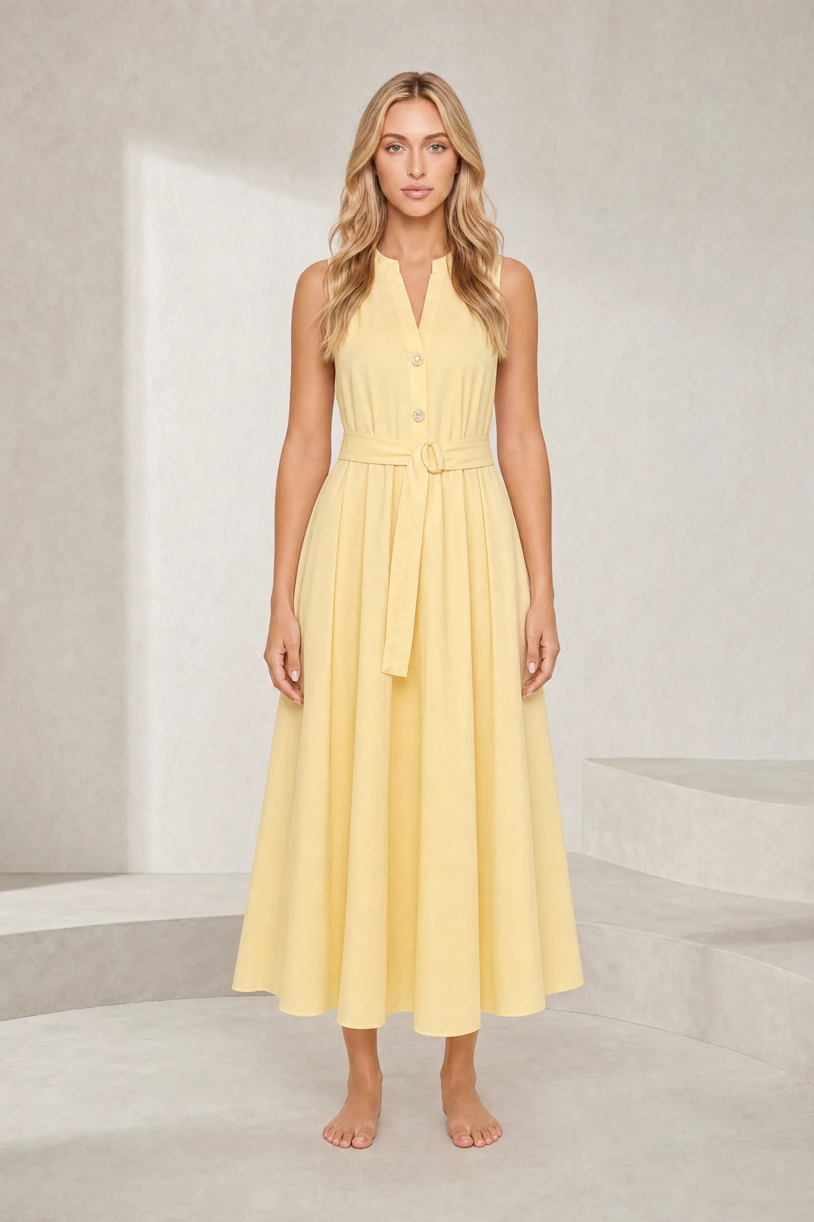 Robe jaune col en V ceinturée | Lounelle Paris