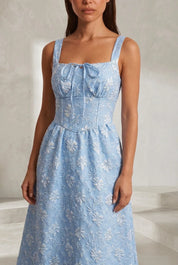 Robe longue bleue encolure carrée dos smocké | Lounelle Paris
