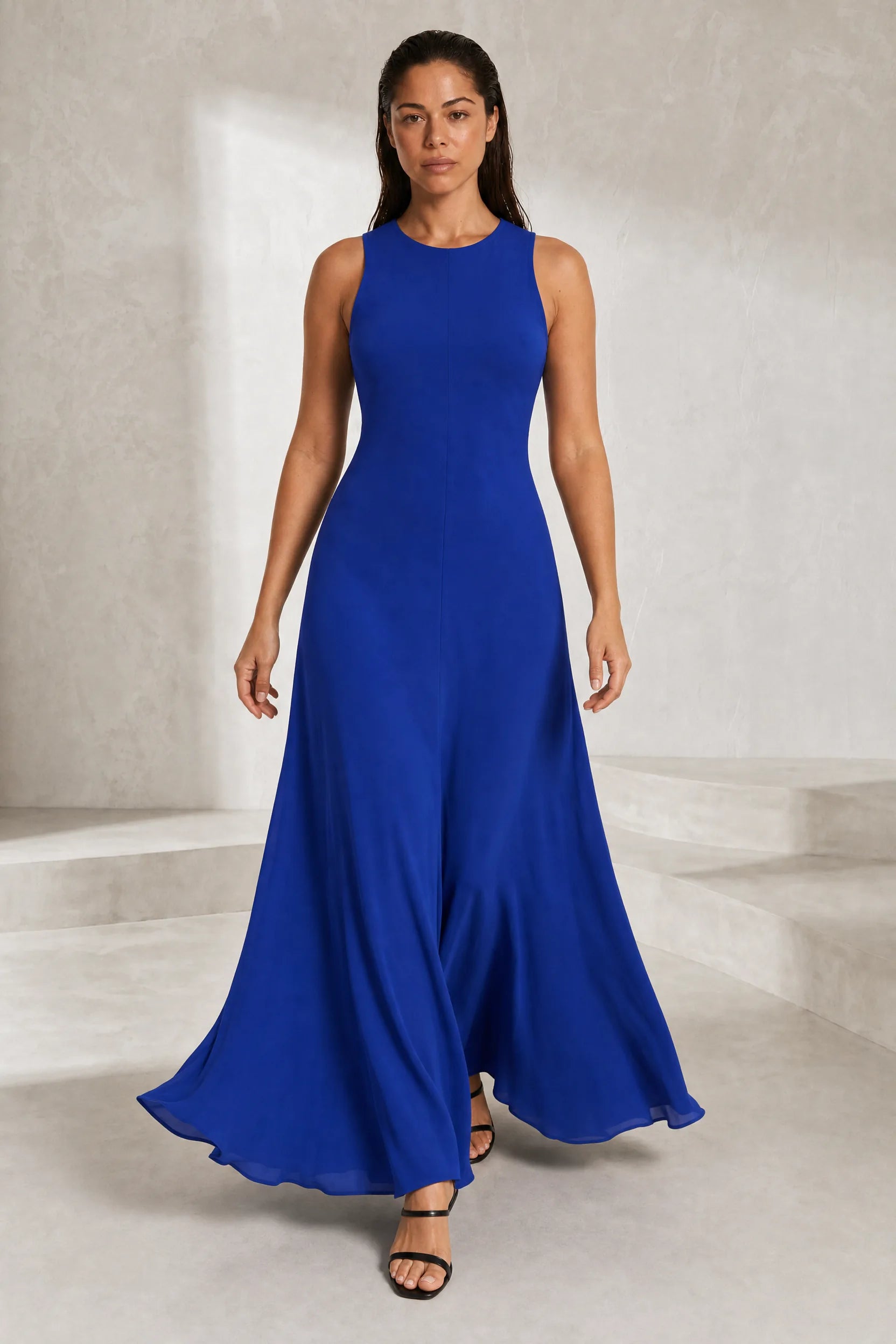 Robe longue bleue fluide sans manches | Lounelle Paris