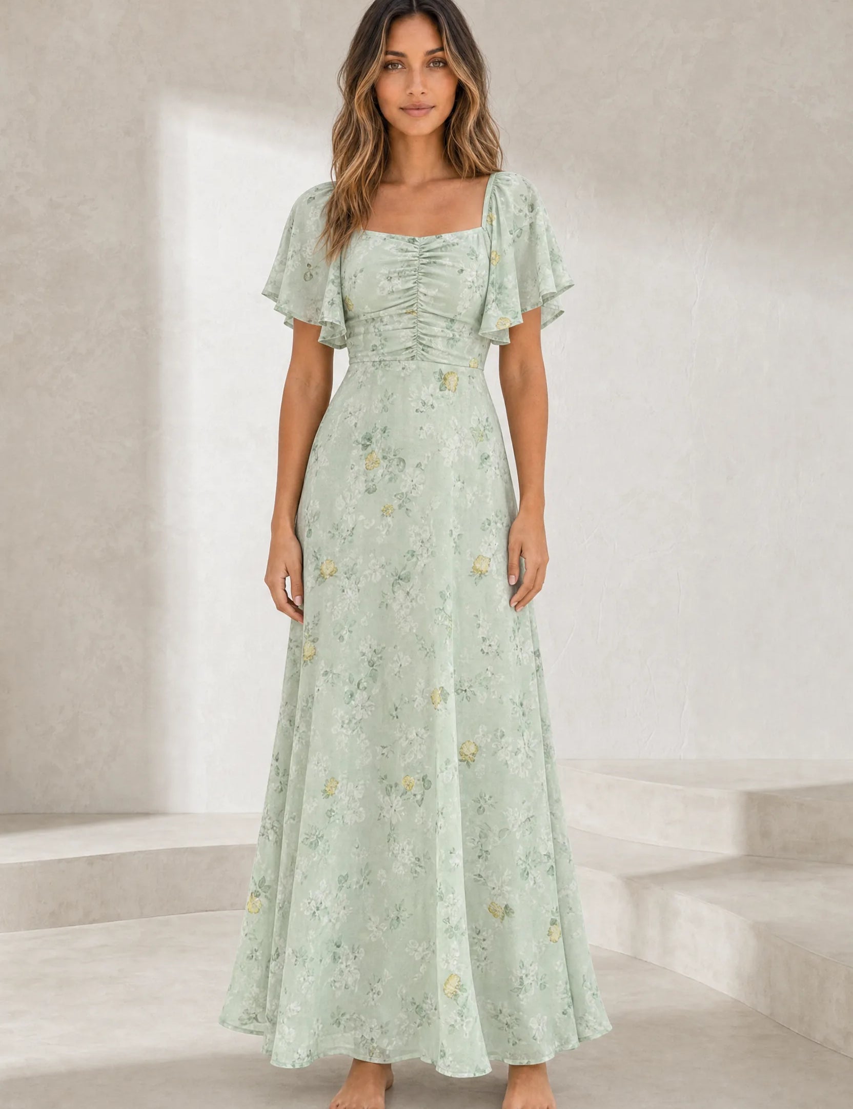 Robe longue col carré manches volantées | Lounelle Paris