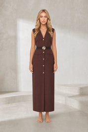 Robe longue col V ceinturée | Lounelle Paris
