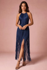 Lange fringejurk met halterhals