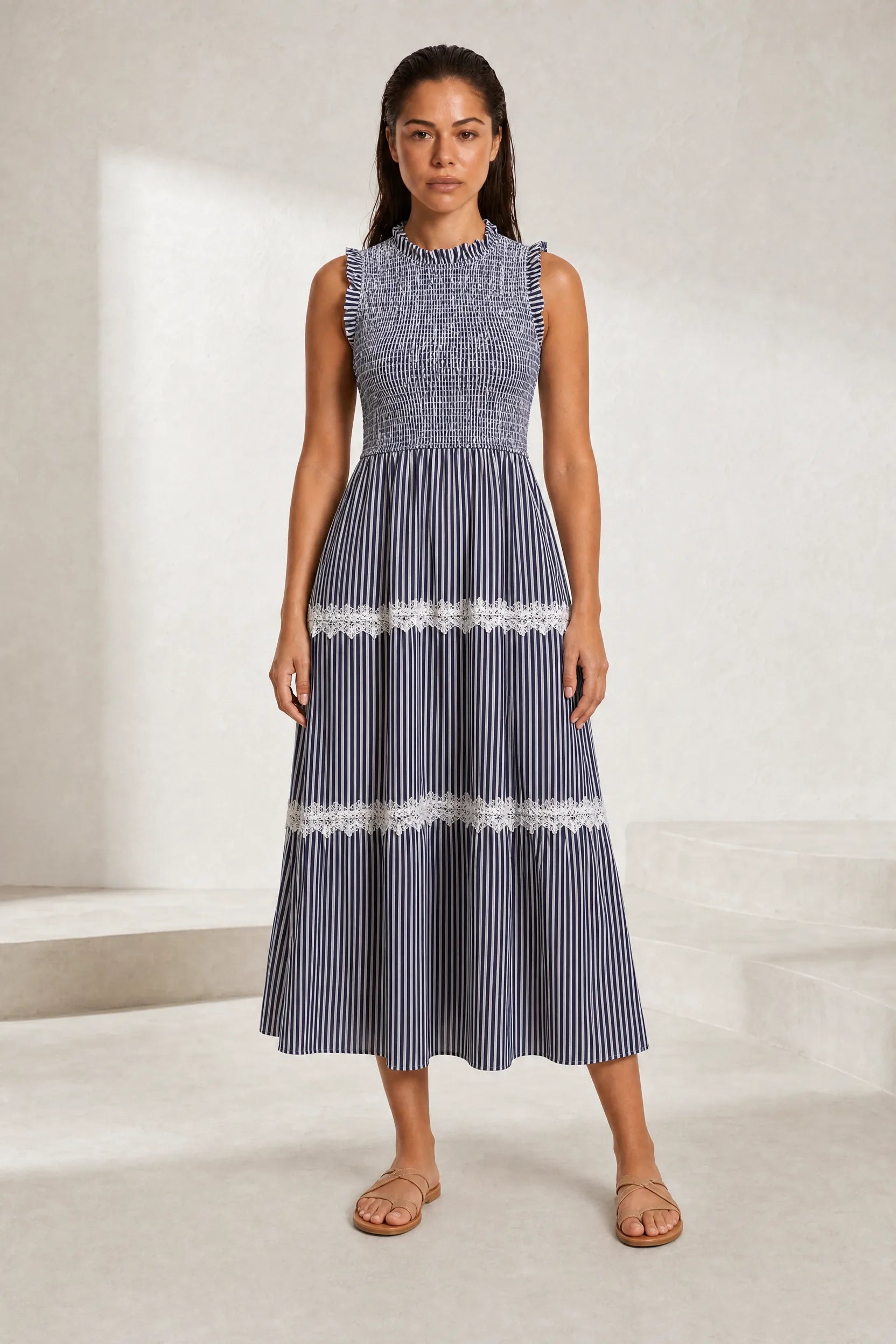 Robe longue rayée smockée | Lounelle Paris