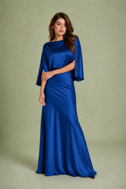 Robe longue satinée encolure bateau | Variante Bleu | Lounelle Paris