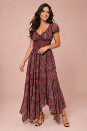 Robe longue smockée à imprimé floral | Variante Bordeaux | Lounelle Paris