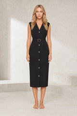 Robe midi col V ceinturée
