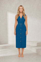 Robe midi col V ceinturée