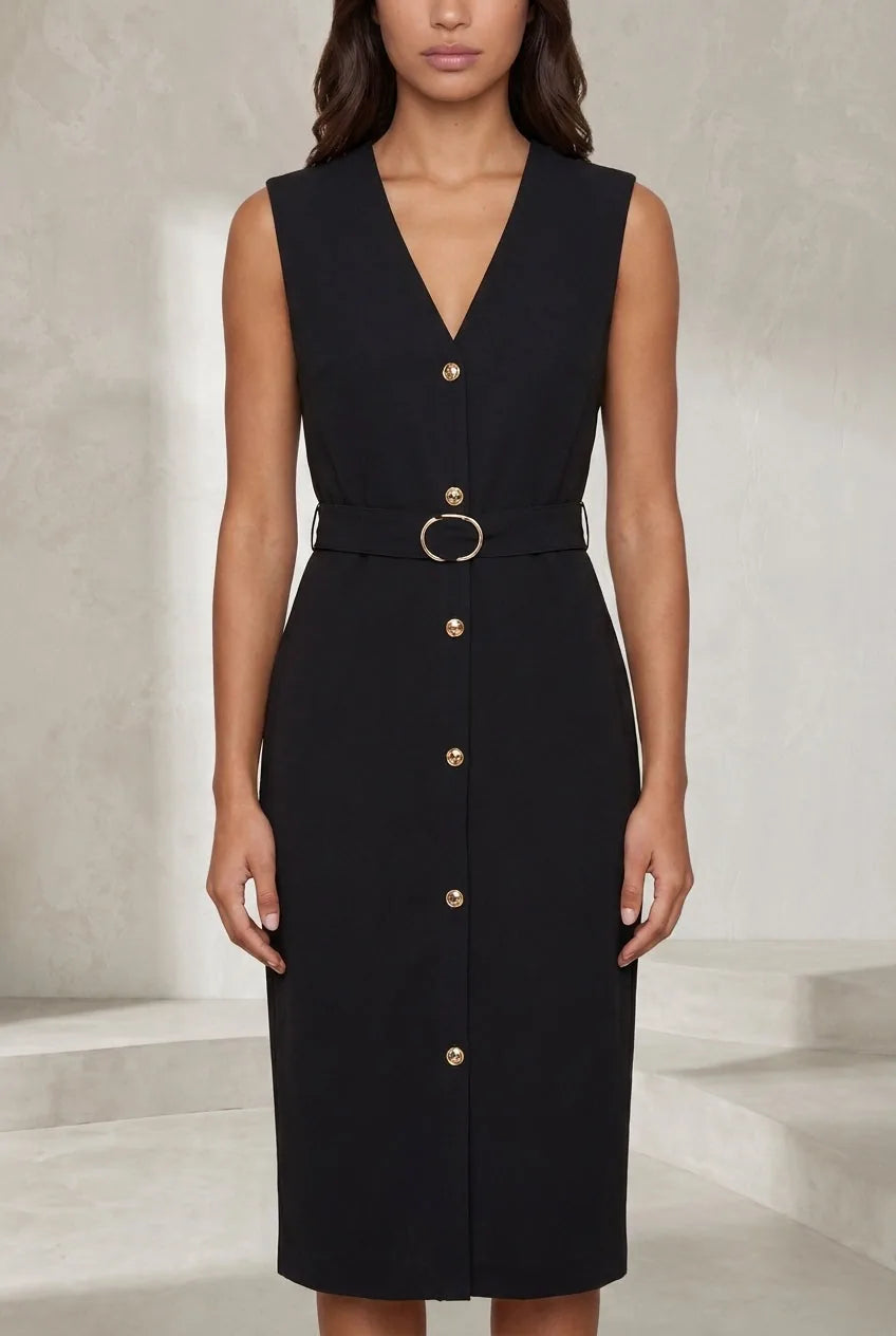 Robe noire col V ceinturée | Lounelle Paris