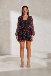 Robe noire fleurie décolleté en V | Lounelle Paris