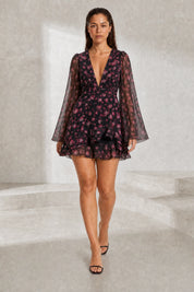 Robe noire fleurie décolleté en V | Lounelle Paris