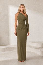 Robe olive asymétrique dos ouvert | Lounelle Paris