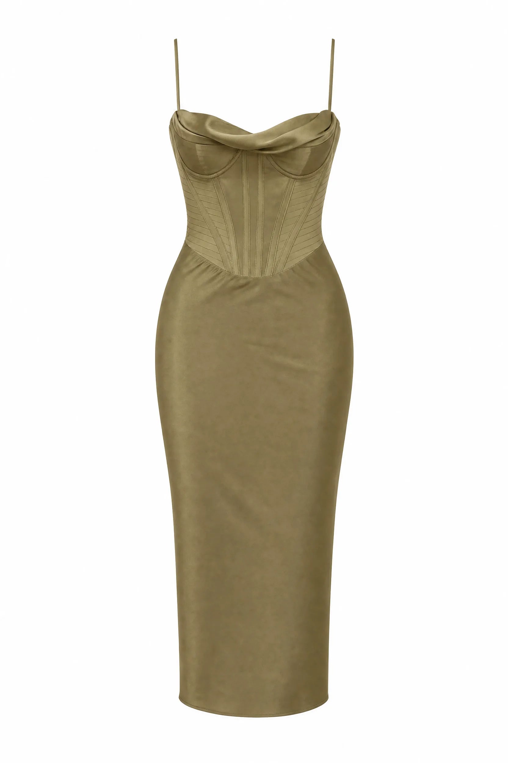 Robe vert olive col drapé satinée | Lounelle Paris