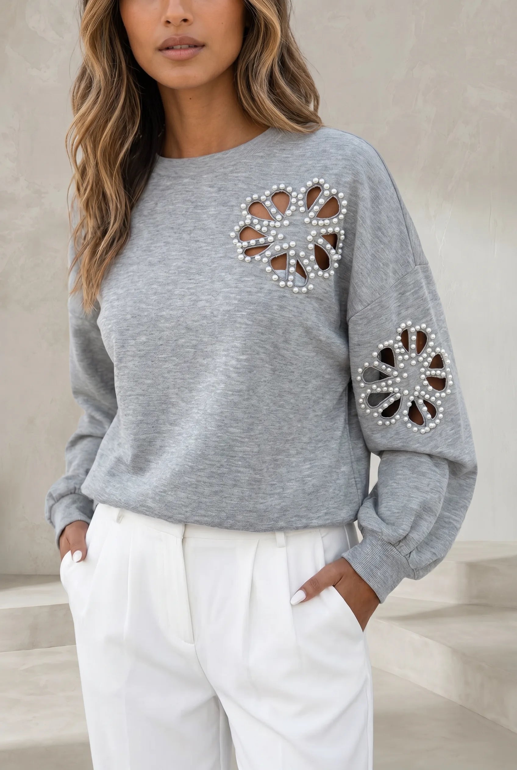 Sweat gris ajouré à perles | Lounelle Paris