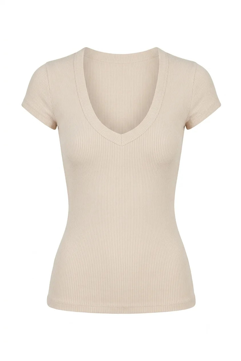 T-shirtmaille côtelée col V | Lounelle Paris