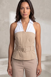 Top abricot col licou bicolore | Lounelle Paris