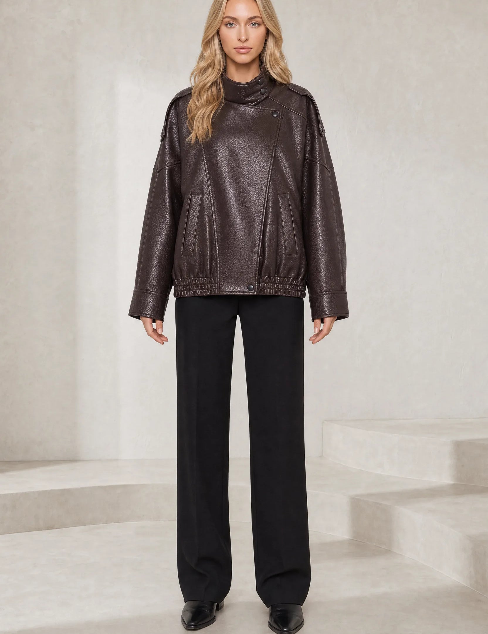 Veste en cuir ample col montant | Lounelle Paris