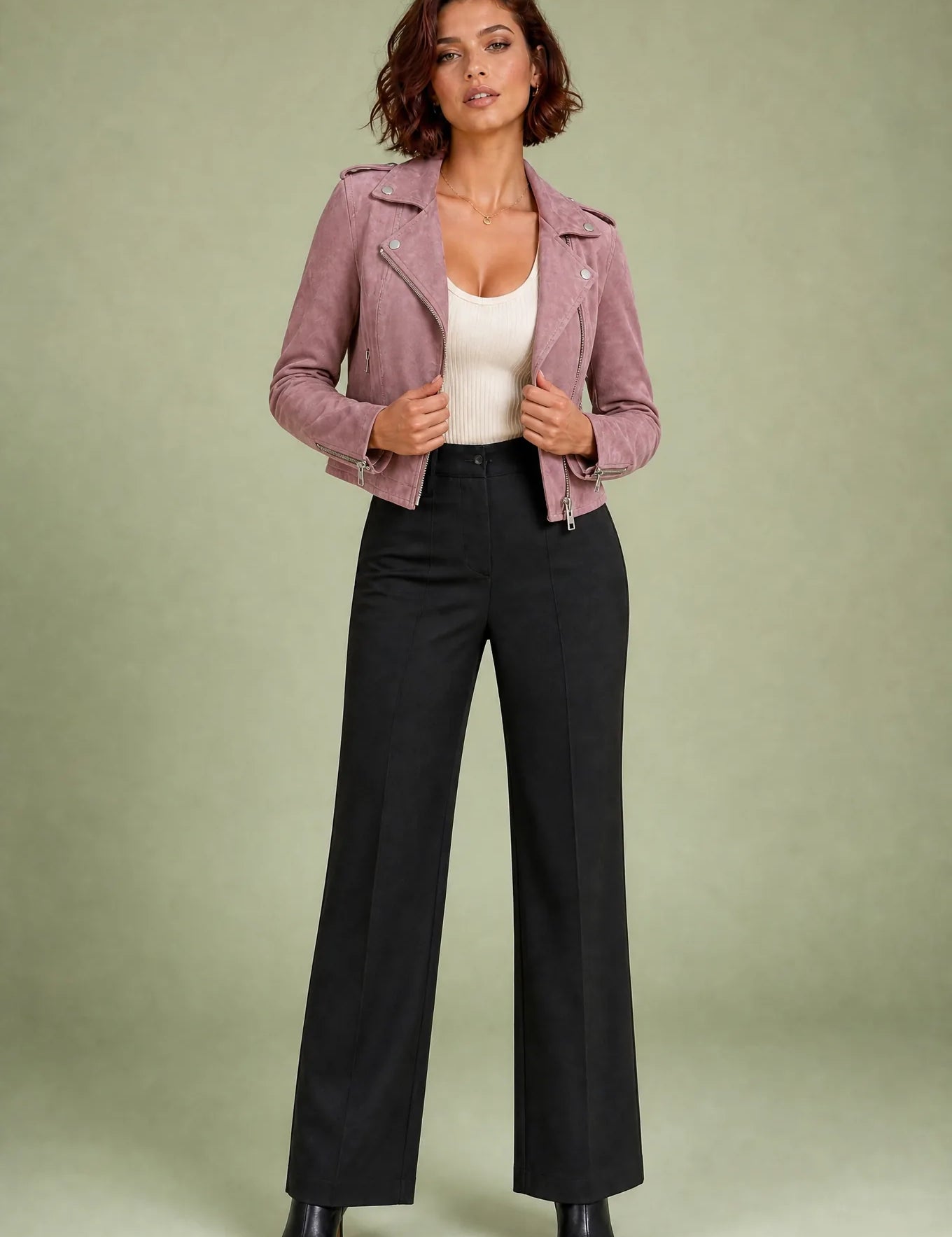 Veste motarde suéde zip asymétrique | Variante Rose | Lounelle Paris